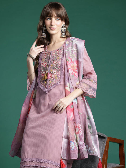 Dhiyona IE Floral Embroidered Thread Work Linen Kurta with Trousers & Dupatta