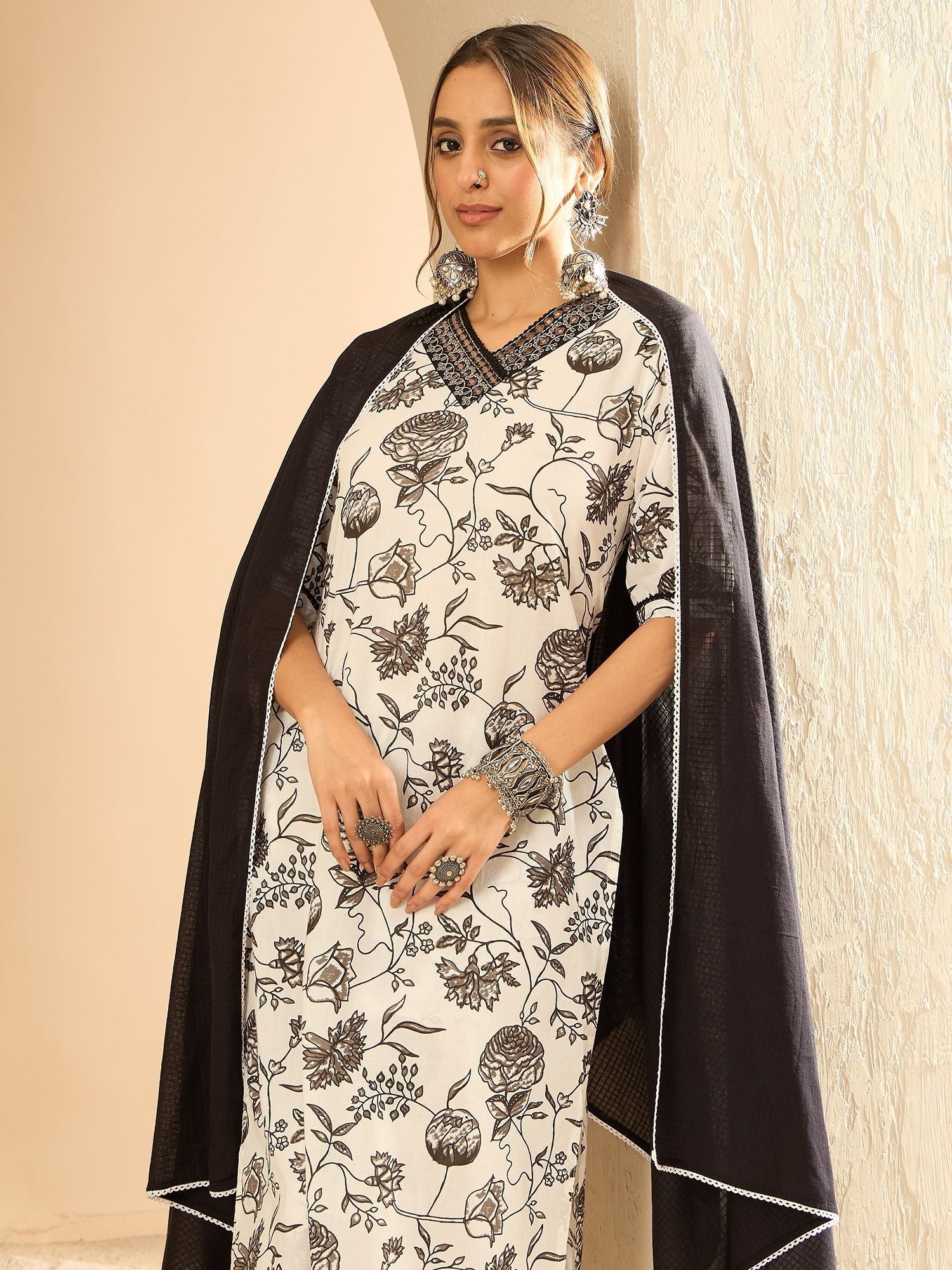 Dhiyona IE Floral Printed Embellished Pure Cotton Straight Kurta with Trouser And Dupatta