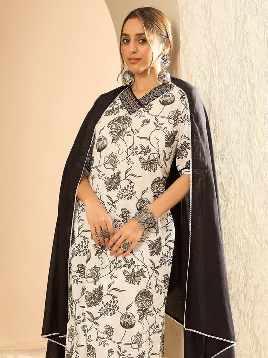 Dhiyona IE Floral Printed Embellished Pure Cotton Straight Kurta with Trouser And Dupatta