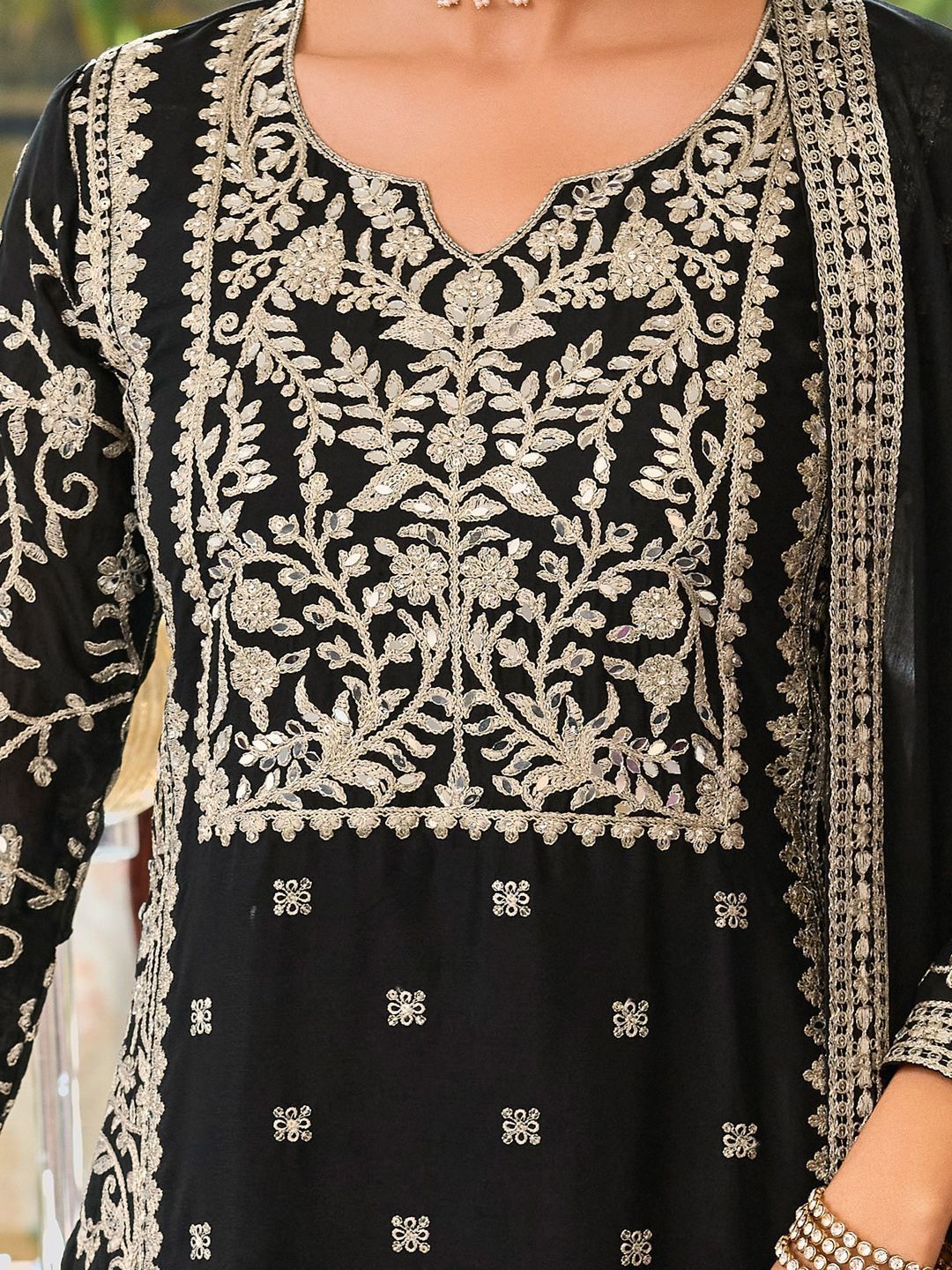 Floral Embroidered Round Neck Mirror Work Straight Kurta With Palazzos & Dupatta