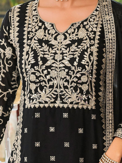 Floral Embroidered Round Neck Mirror Work Straight Kurta With Palazzos & Dupatta