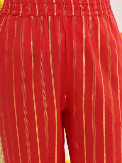 Dhiyona VA Women'sRed Striped Shoulder Straps Straight Kurta & Trousers With Dupatta