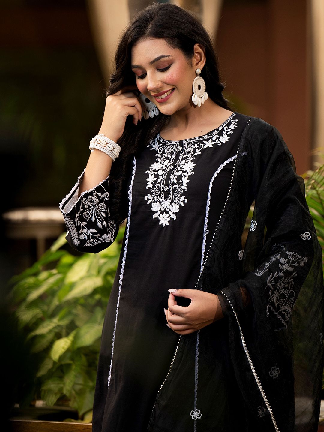 Dhiyona VA Women'sEthnic Motif Thread Embroidered A-Line Kurta With Afghani Trouser & Dupatta
