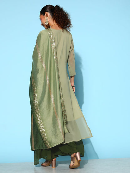 Dhiyona VA Women's Green Embroidered Sequinned Kurta With Sharara & Dupatta