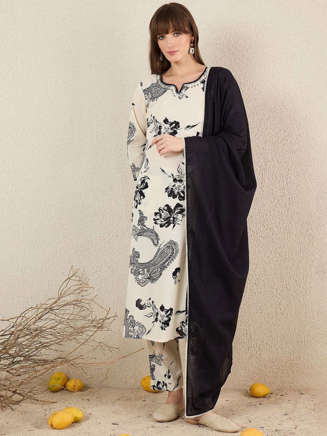 Dhiyona IE Women Floral Printed Cotton Kurta with Trousers & Dupatta