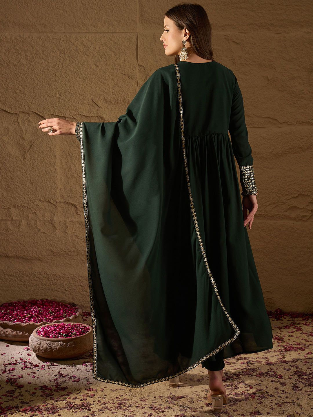 Dhiyona PD Women Yoke Design V-Neck Sequinned Pleated Georgette Kurta & Trousers & Dupatta