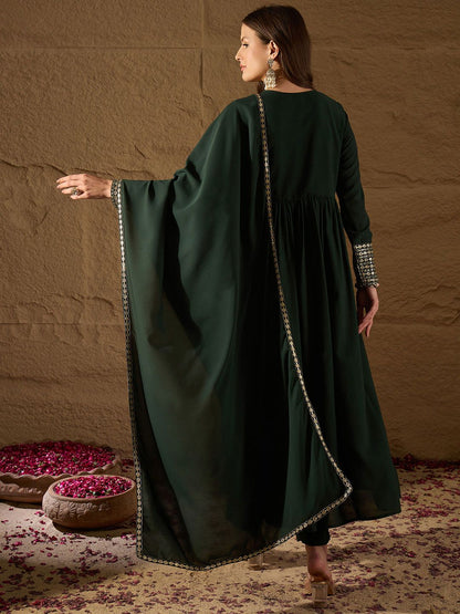 Dhiyona PD Women Yoke Design V-Neck Sequinned Pleated Georgette Kurta & Trousers & Dupatta