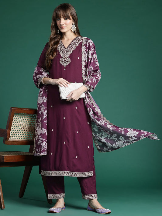 Dhiyona IE Floral Embroidered Kurta With Trousers & Dupatta