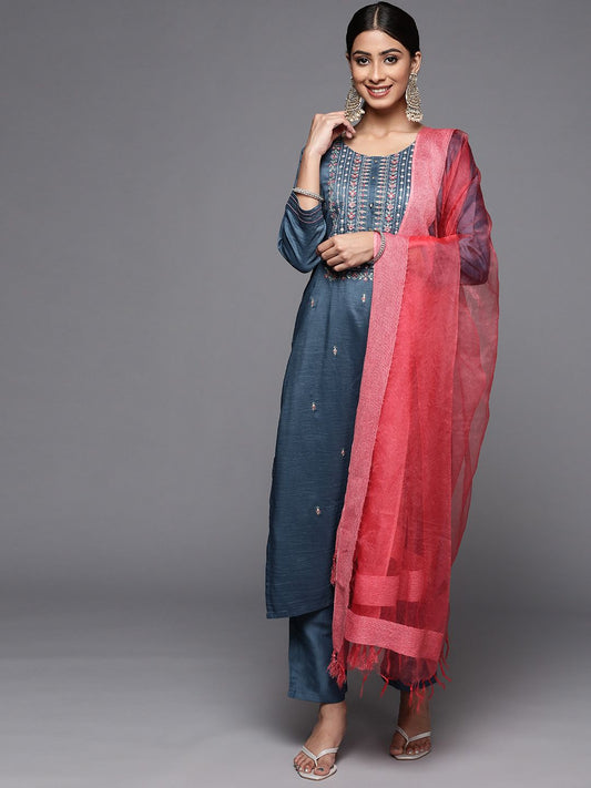 Dhiyona VA Women's Blue Ethnic Motifs Embroidered Thread Work Kurta with Trousers & With Dupatta