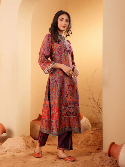 Dhiyona VA Women'sEthnic Motifs Printed Gotta Patti Chanderi Silk Kurta With Trousers