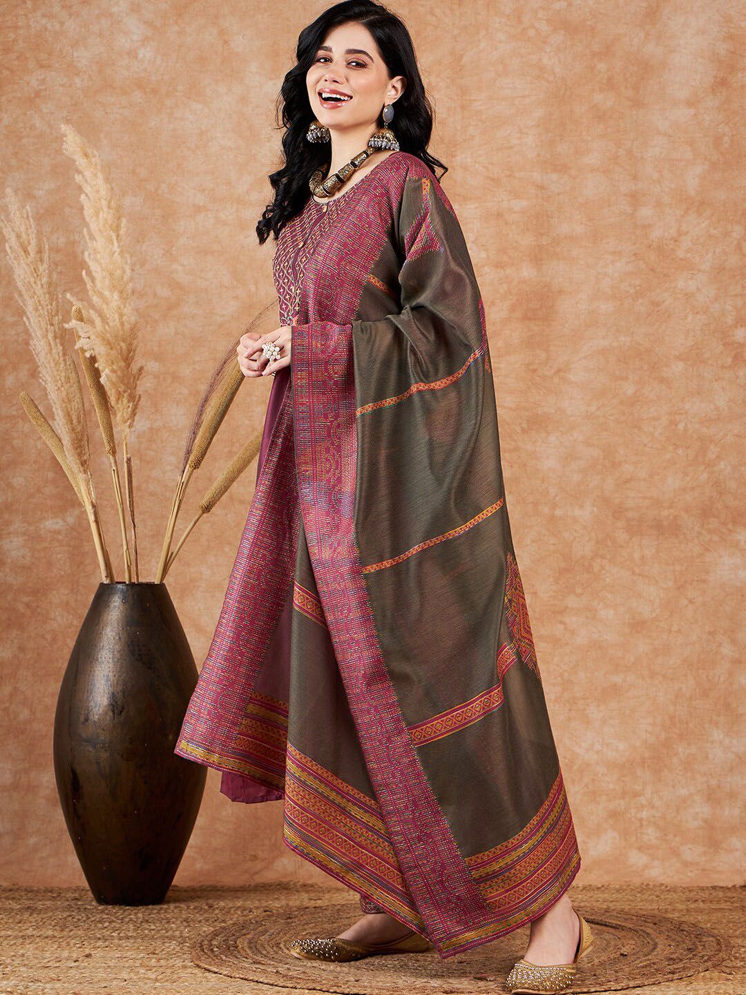 Dhiyona SN Women's Pink Floral Embroidered Zari Sequence A-Line Kurta & Trousers With Dupatta