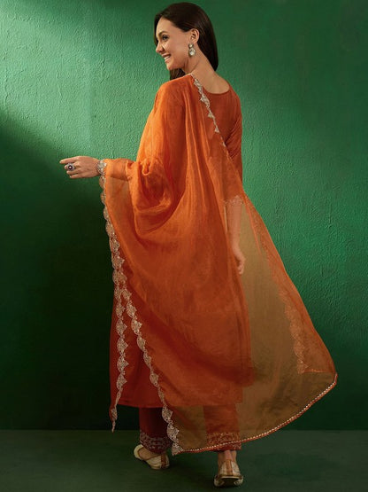 Women's Embroidered Boat-Neck Kurta With Trousers & Dupatta