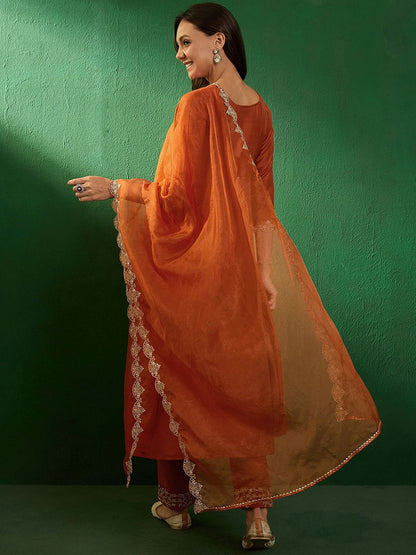Dhiyona SN Women's Embroidered Boat-Neck Kurta With Trousers & Dupatta