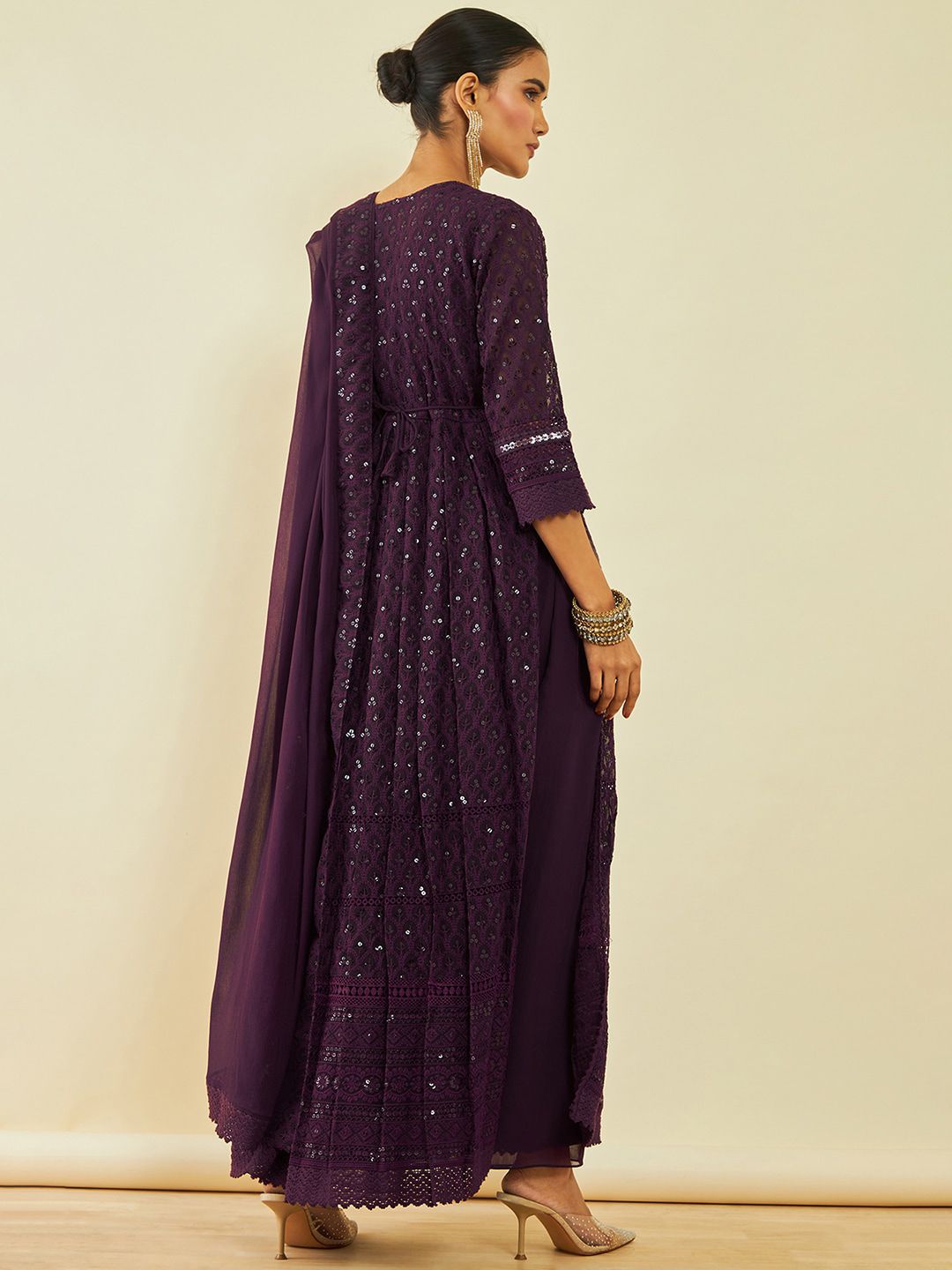 Dhiyona SO Women's Women Maroon Embroidered Pleated Sequinned Kurta with Palazzos & With Dupatta