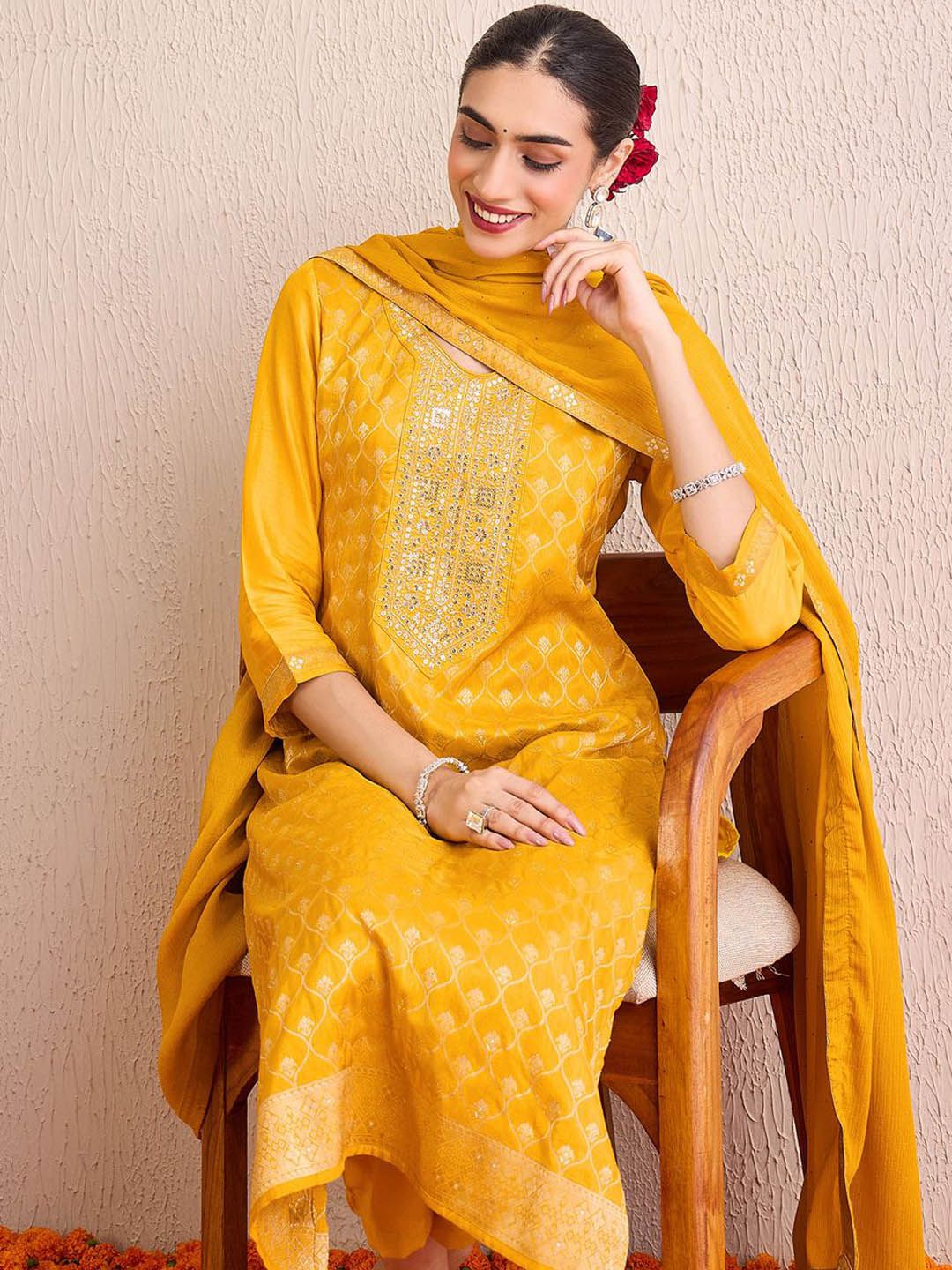 Dhiyona IE Women Ethnic Motifs Embroidered Regular Kurta with Trousers & With Dupatta