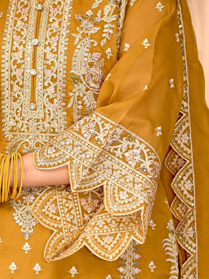 Floral Embroidered Zari Organza Kurta With Trousers And Dupatta