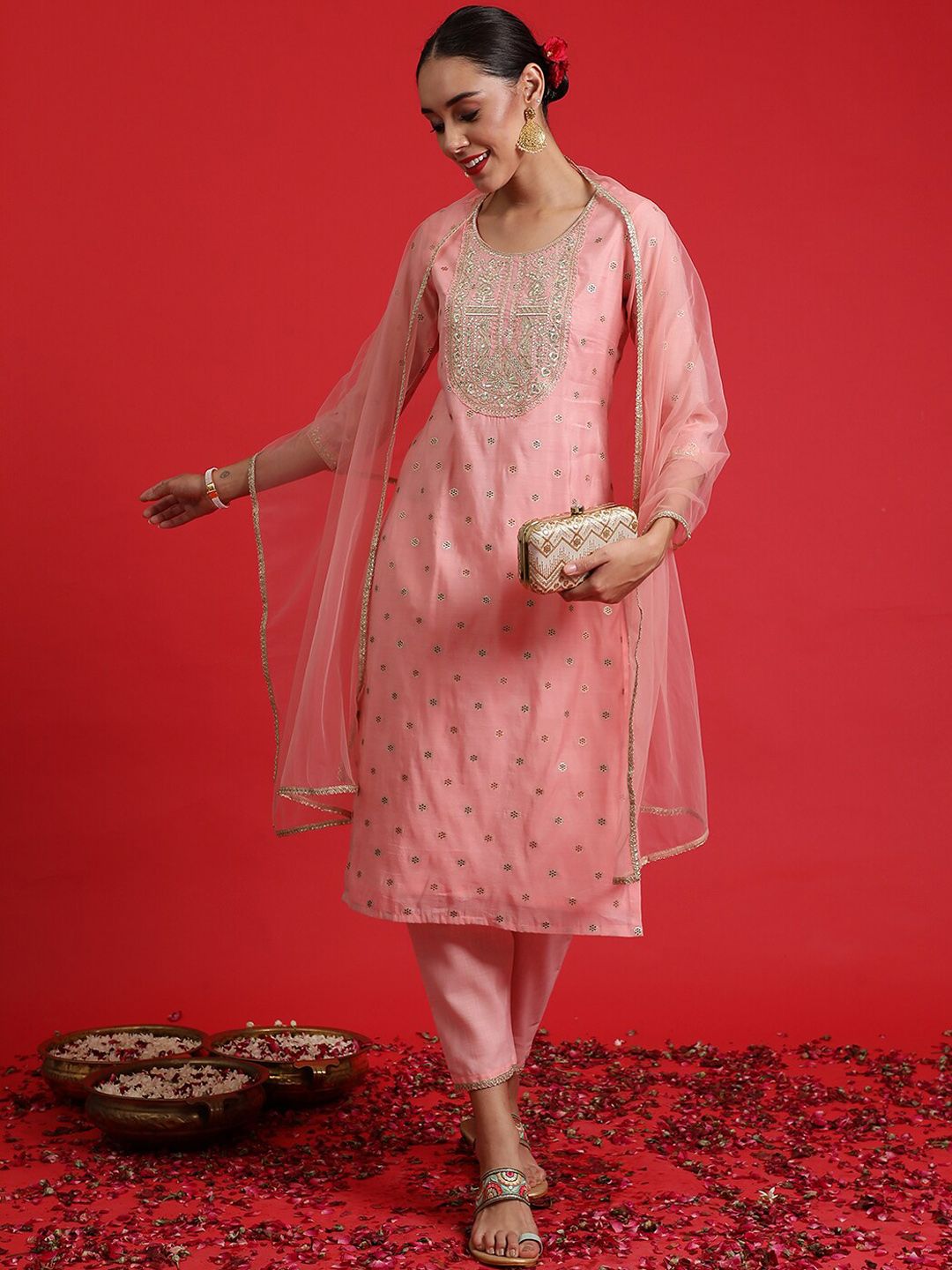Dhiyona IE Ethnic Motifs Embroidered Regular Sequinned Kurta with Trousers & Dupatta