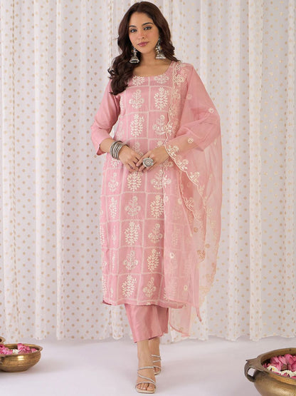 Dhiyona IE Floral Embroidered Thread Work Straight Kurta With Trouser And Dupatta