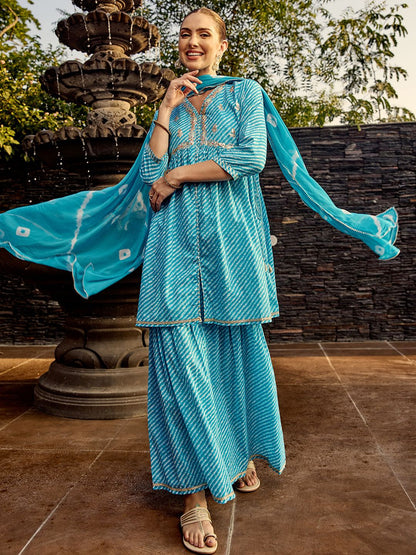 Dhiyona IS Women's Leheriya A-line Side Tie-Up Cotton Kurta with Sharara and Tie and Dye Dupatta