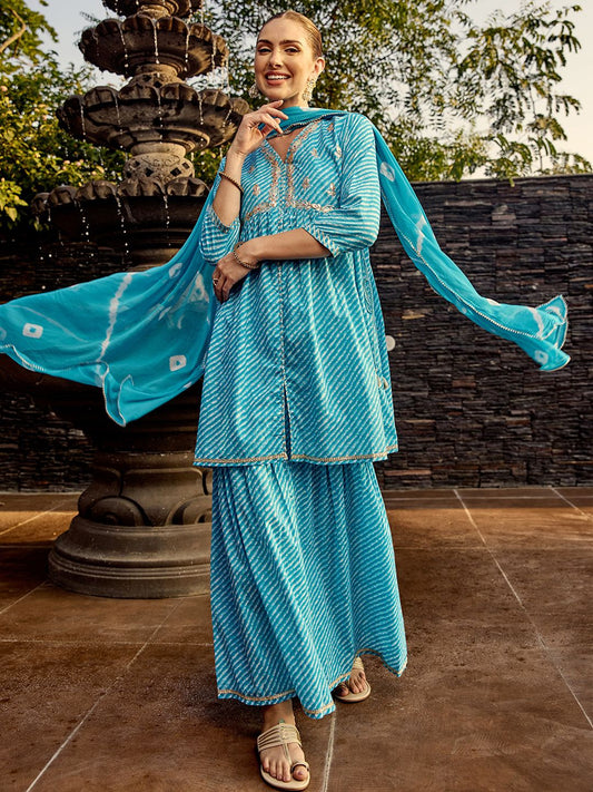 Dhiyona IS Women's Leheriya A-line Side Tie-Up Cotton Kurta with Sharara and Tie and Dye Dupatta