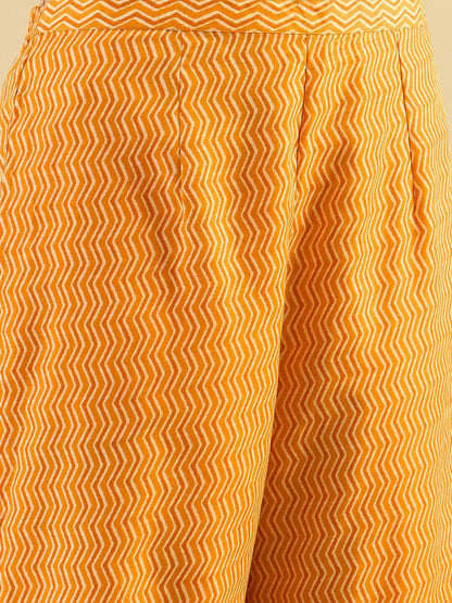 Dhiyona IE Mustard Yellow Floral Printed V-Neck Thread Work Kurta with Trousers & Dupatta