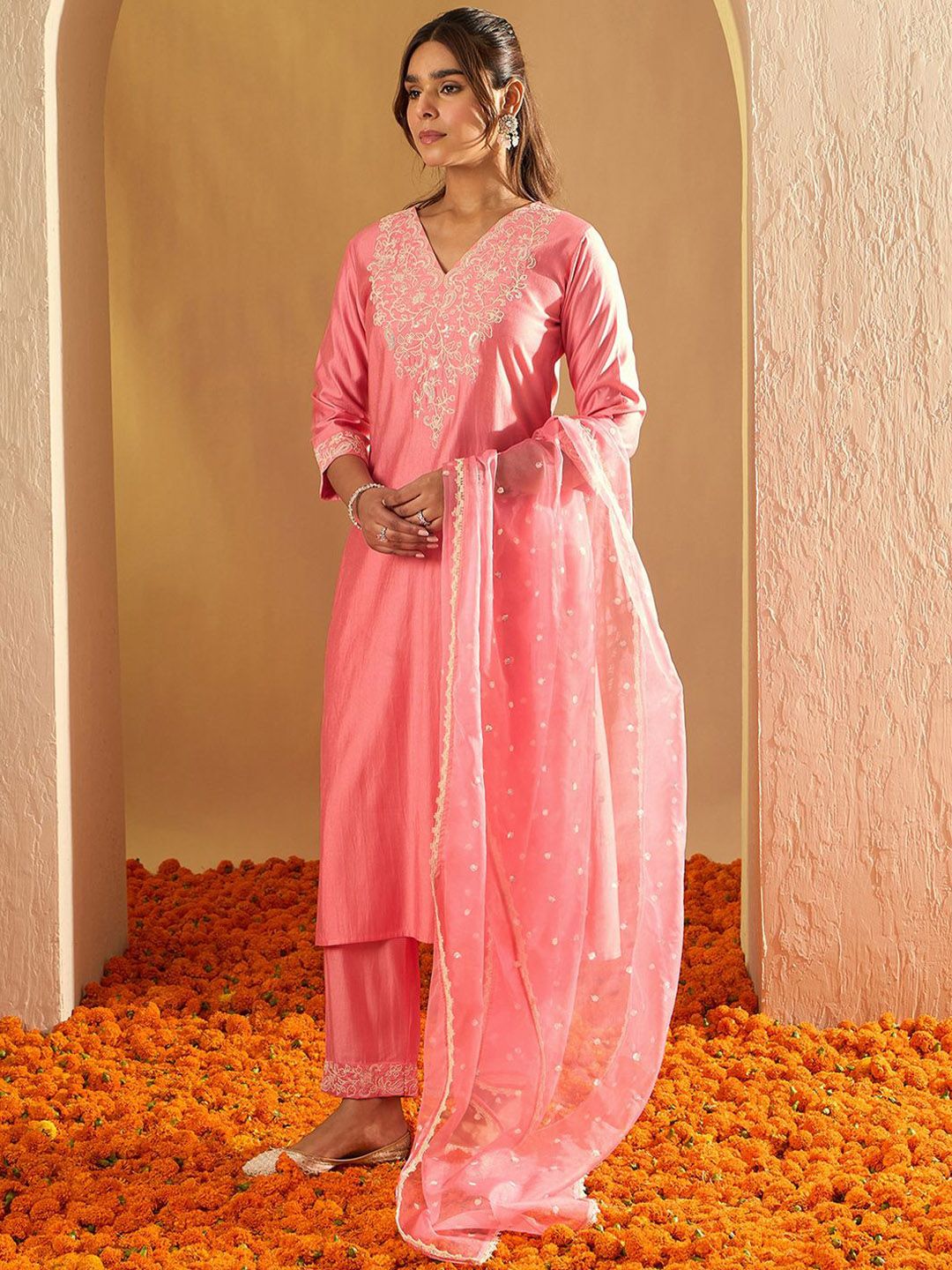 Floral Yoke Design Straight Sequinned Liva Kurta with Trousers & Dupatta