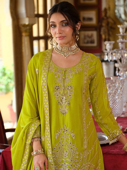 Dhiyona IE Floral Embroidered Zari Kurta With Palazzos & Dupatta