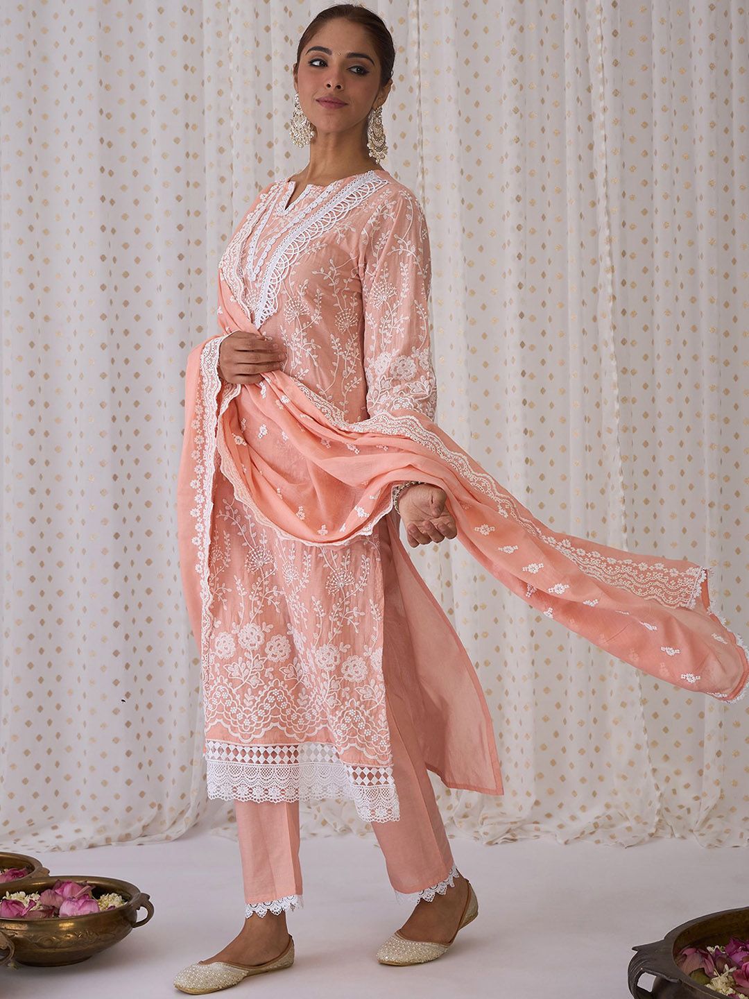 Floral Embroidered Pure Cotton Straight Kurta With Trousers & Dupatta