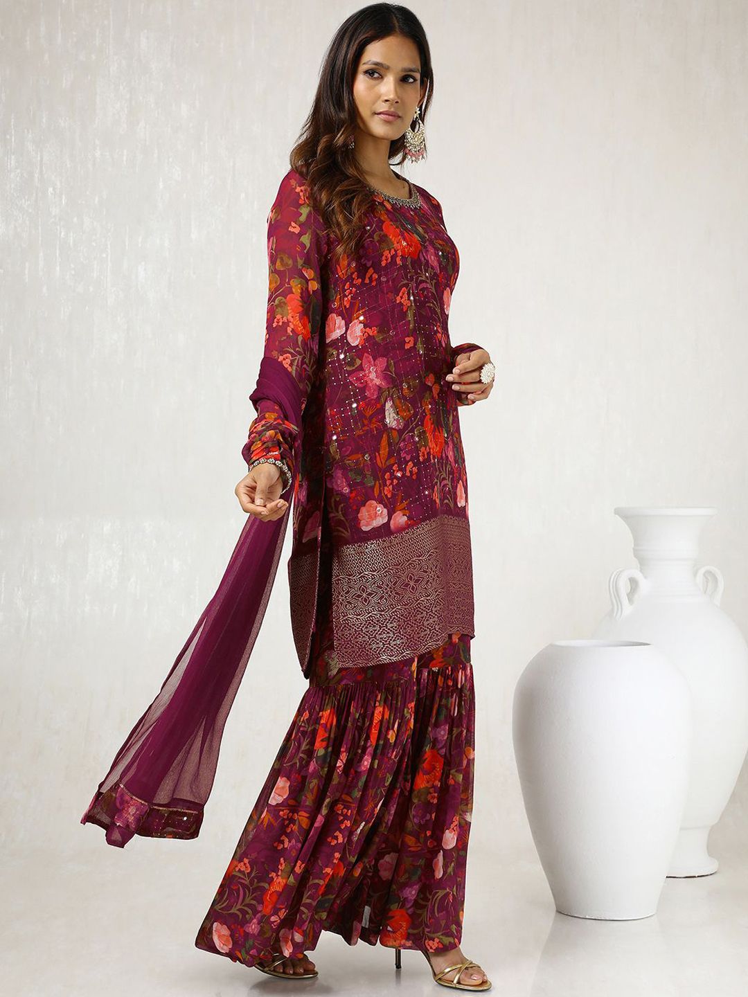 Dhiyona SO Women's Maroon Floral Printed Mirror Work Kurta With Sharara & Dupatta
