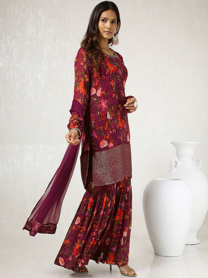 Dhiyona SO Women's Maroon Floral Printed Mirror Work Kurta With Sharara & Dupatta