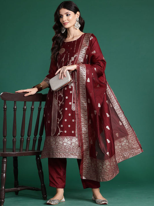 Dhiyona IE Ethnic Motifs Woven Design Straight Kurta With Trousers & Dupatta
