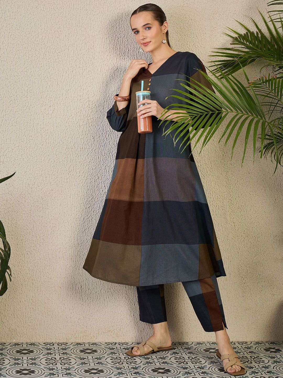 Adults-Women Colourblocked A-Line Kurta with Trousers