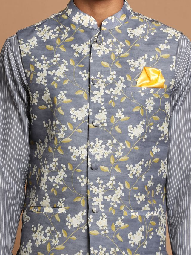 Men's Grey Cotton Blend Straight Nehru Jacket