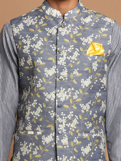 Men's Grey Cotton Blend Straight Nehru Jacket