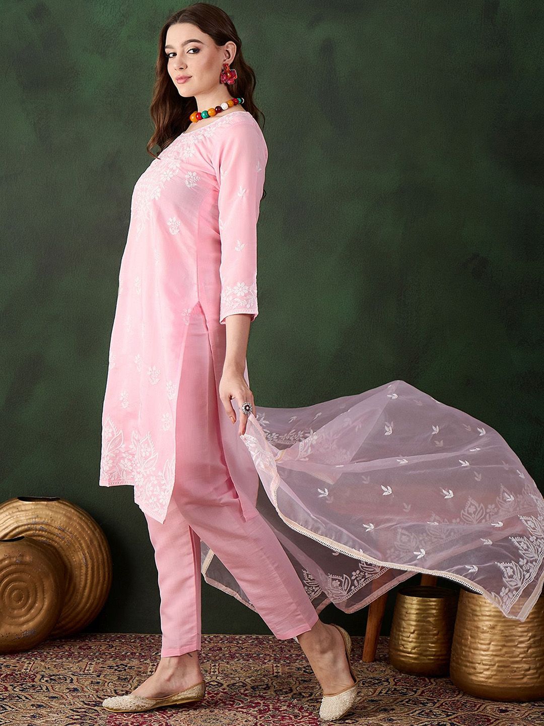 Dhiyona SN Women's Pink and White Floral Embroidered Thread Work Cotton Kurta & Trouser With Dupatta