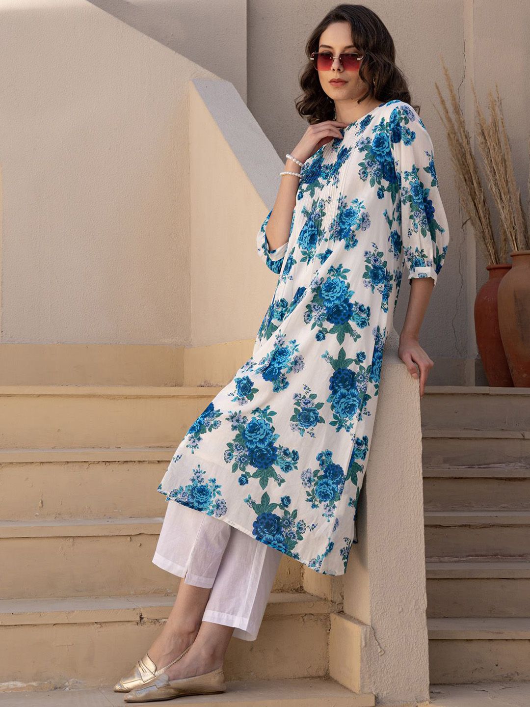 Dhiyona IE Floral Printed Pure Cotton Tunic With Trousers Co-Ords