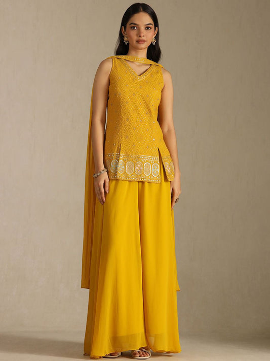 Dhiyona SO Women's Women Ethnic Motifs Embroidered Regular Mirror Work Kurti & Palazzos With Dupatta