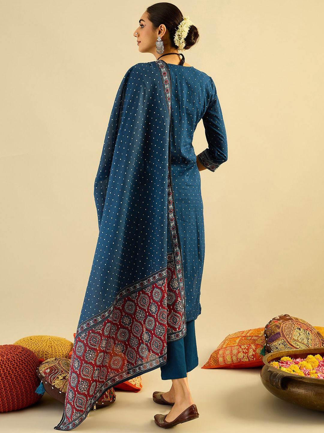 Dhiyona IE Ethnic Motifs Printed Pure Cotton Straight Kurta With Trousers & Dupatta