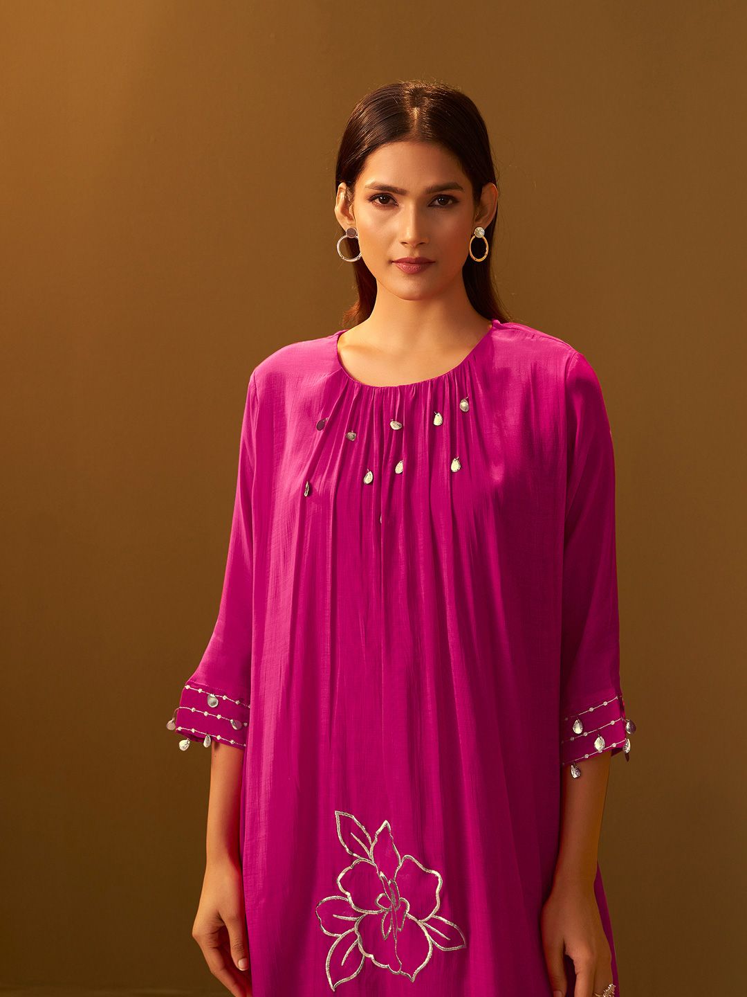 Floral Printed A-Line Mirror Work Kurta With Trouser