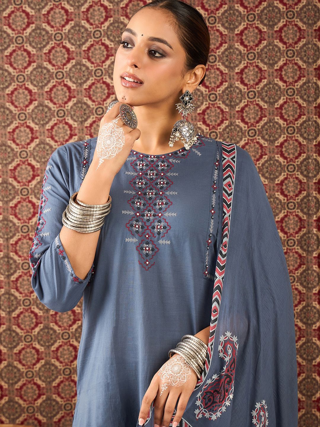 Dhiyona IE Women Pure Cotton Straight Kurta Trousers With Dupatta set