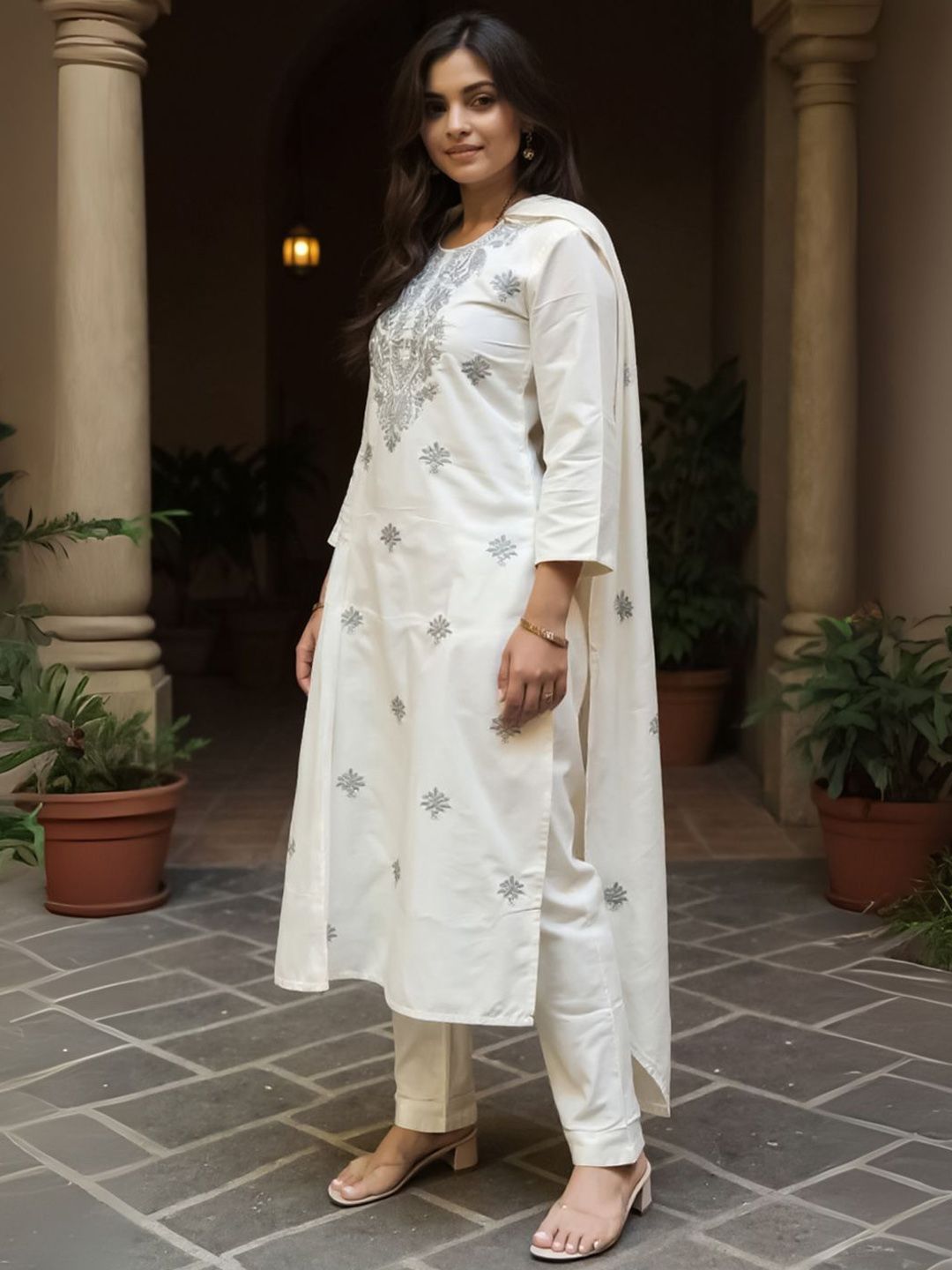 Women Floral Embroidered Round Neck Cotton Kurta with Trousers & Dupatta