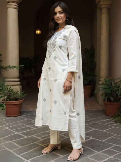Women Floral Embroidered Round Neck Cotton Kurta with Trousers & Dupatta