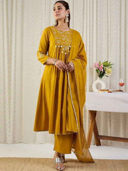 Women Embroidered Pleated Thread Work Pure Cotton Kurta & Trousers With Dupatta
