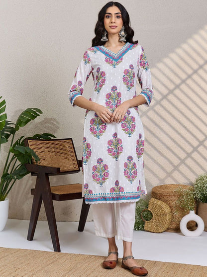 Women Floral Printed Regular Pure Cotton Kurta with Trousers & With Dupatta