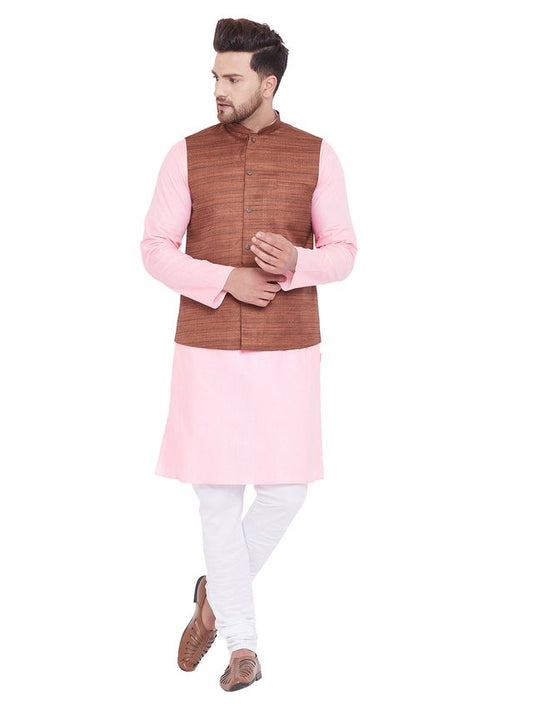 Men's Pink Cotton Blend Straight Jacket  Kurta and Pyjama Set