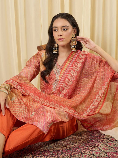 Women Printed Regular Thread Work Kurta with Trousers & With Dupatta