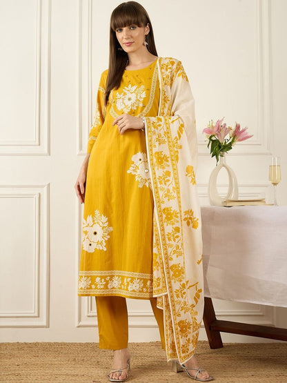 Women Floral Printed Regular Mirror Work Pure Cotton Kurta with Trousers & With Dupatta
