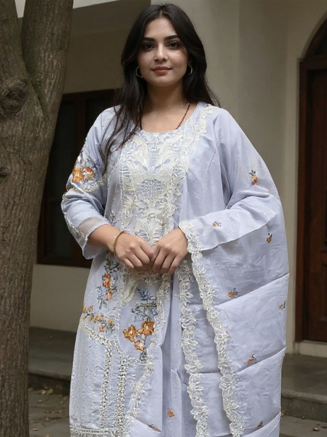 Dhiyona IE Floral Embroidered Thread Work Pure Cotton Kurta With Trousers & Dupatta