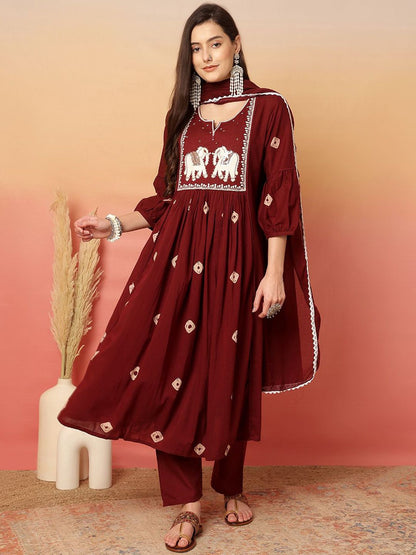 Dhiyona SN Women's Embroidered 100% Cotton Anarkali Kurta & Trouser With Dupatta