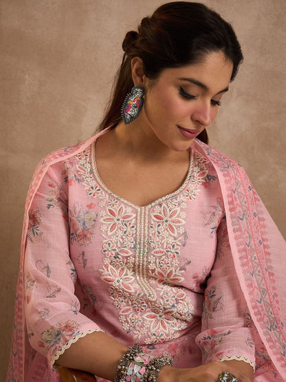 Women Floral Printed Linen Kurta with Trousers & Dupatta